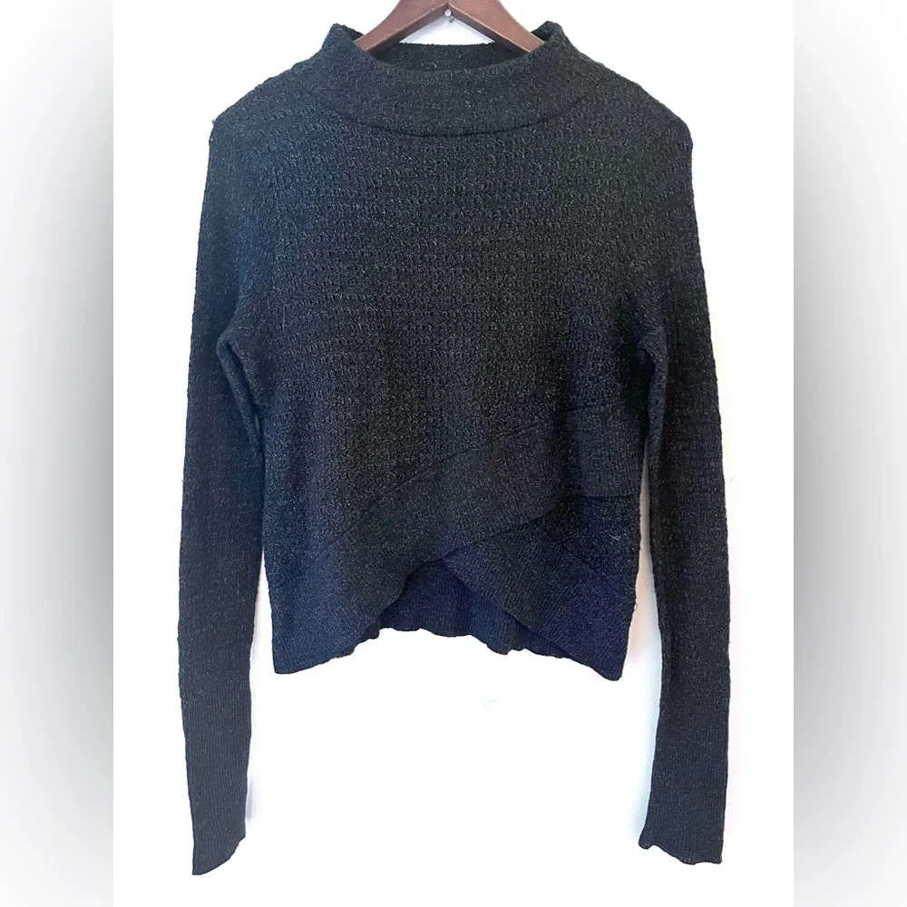Free People Sweater Mock Neck Cross Front Linen/Cotton Knit Small Slate Blue